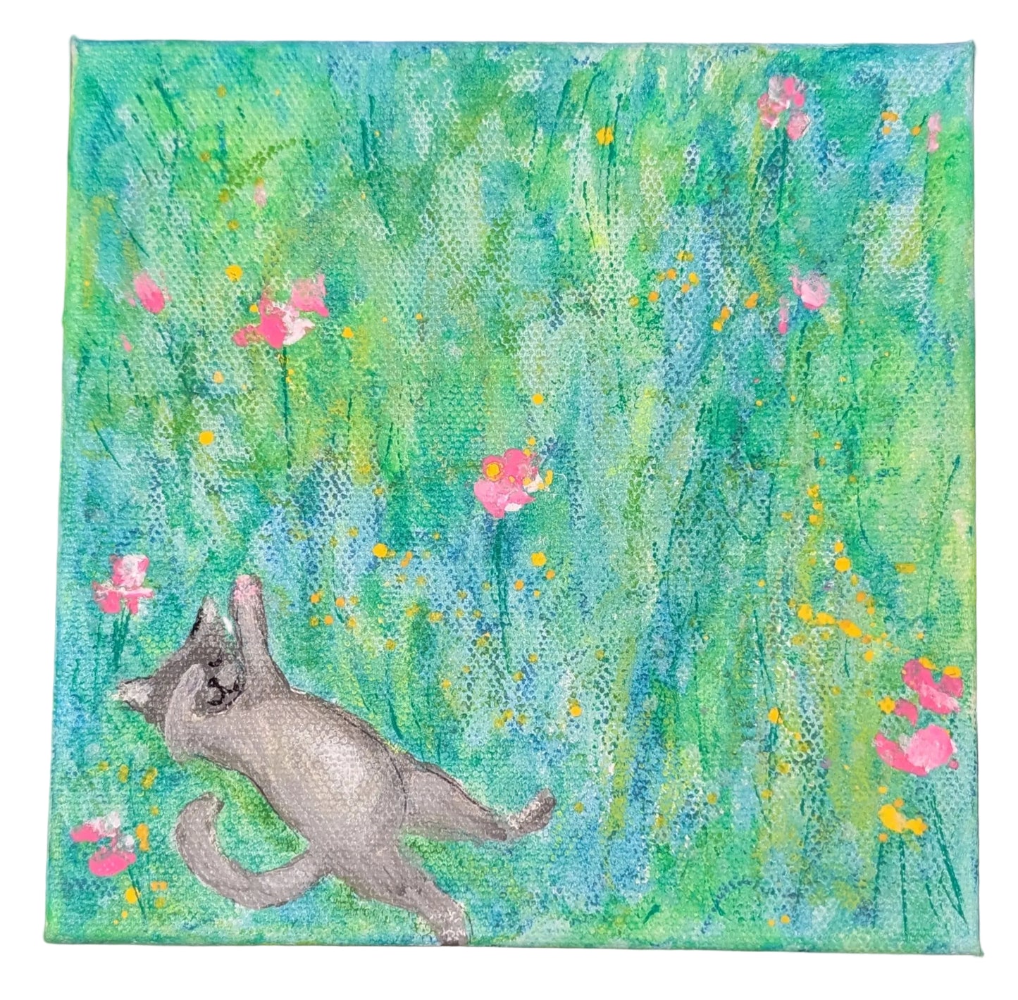 Painting of a cat among flowers with a green and blue background