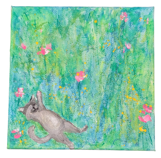 Painting of a cat among flowers with a green and blue background
