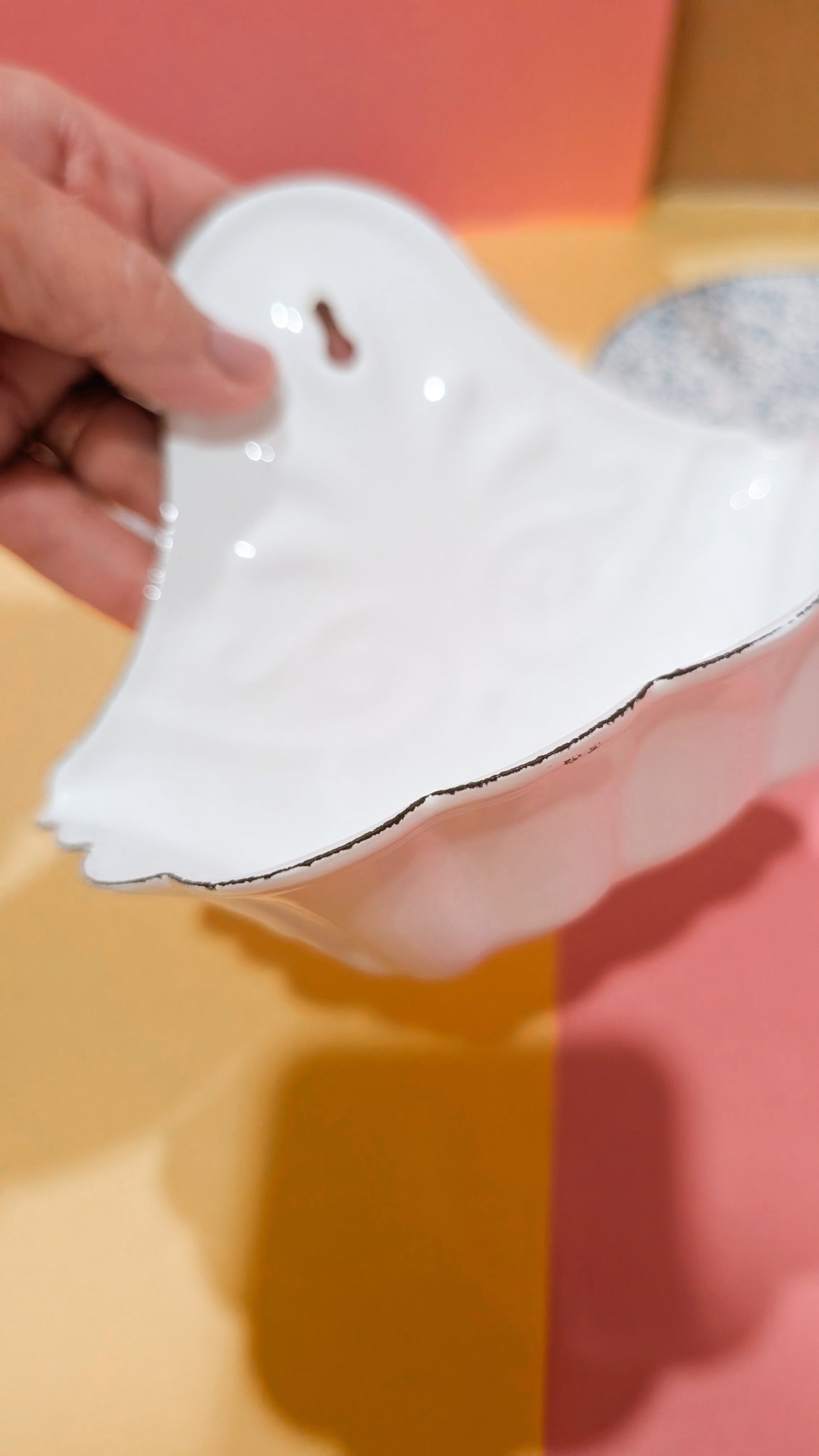 White ceramic dish held by a hand against a colorful background