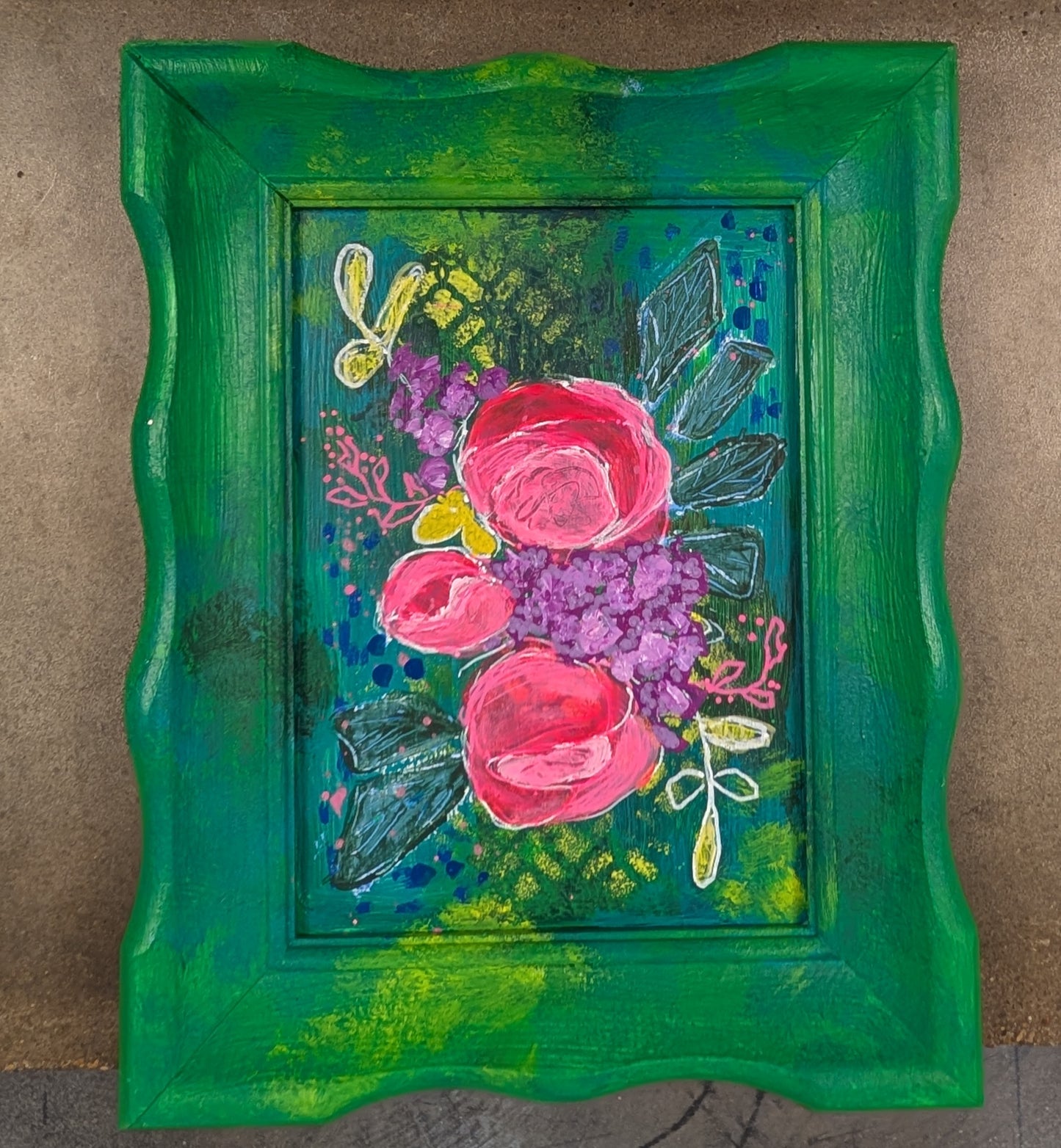 Art by E.McD-Green Retro Flowers,framed
