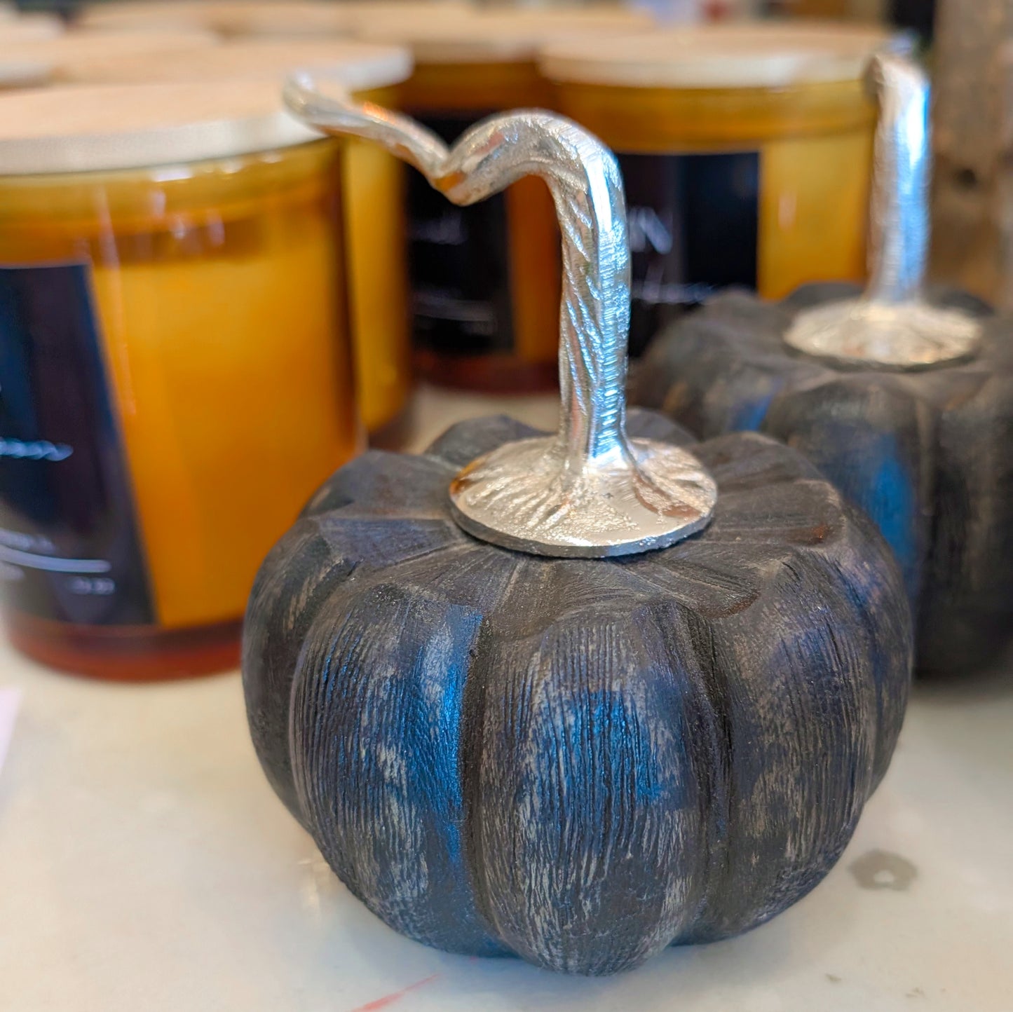 Black Wooden Pumpkin with Silver Stem