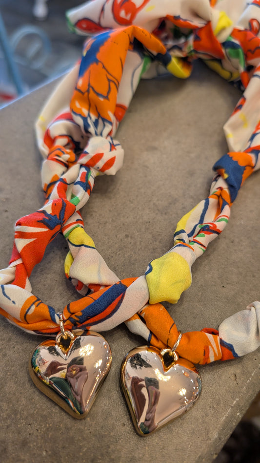 Handmade Scarf Charm Necklace-Orange,Blue,Green with Heart