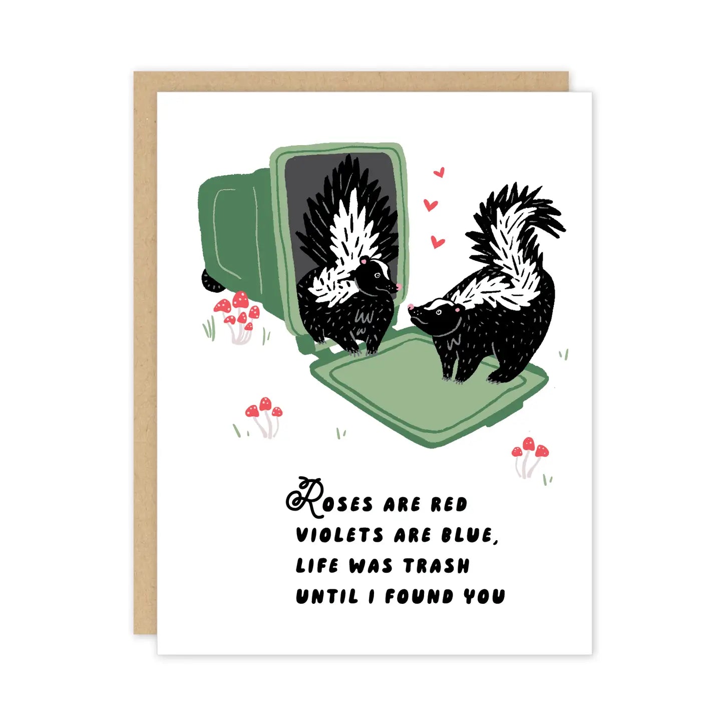 Greeting card with skunk illustration and romantic text on a white background