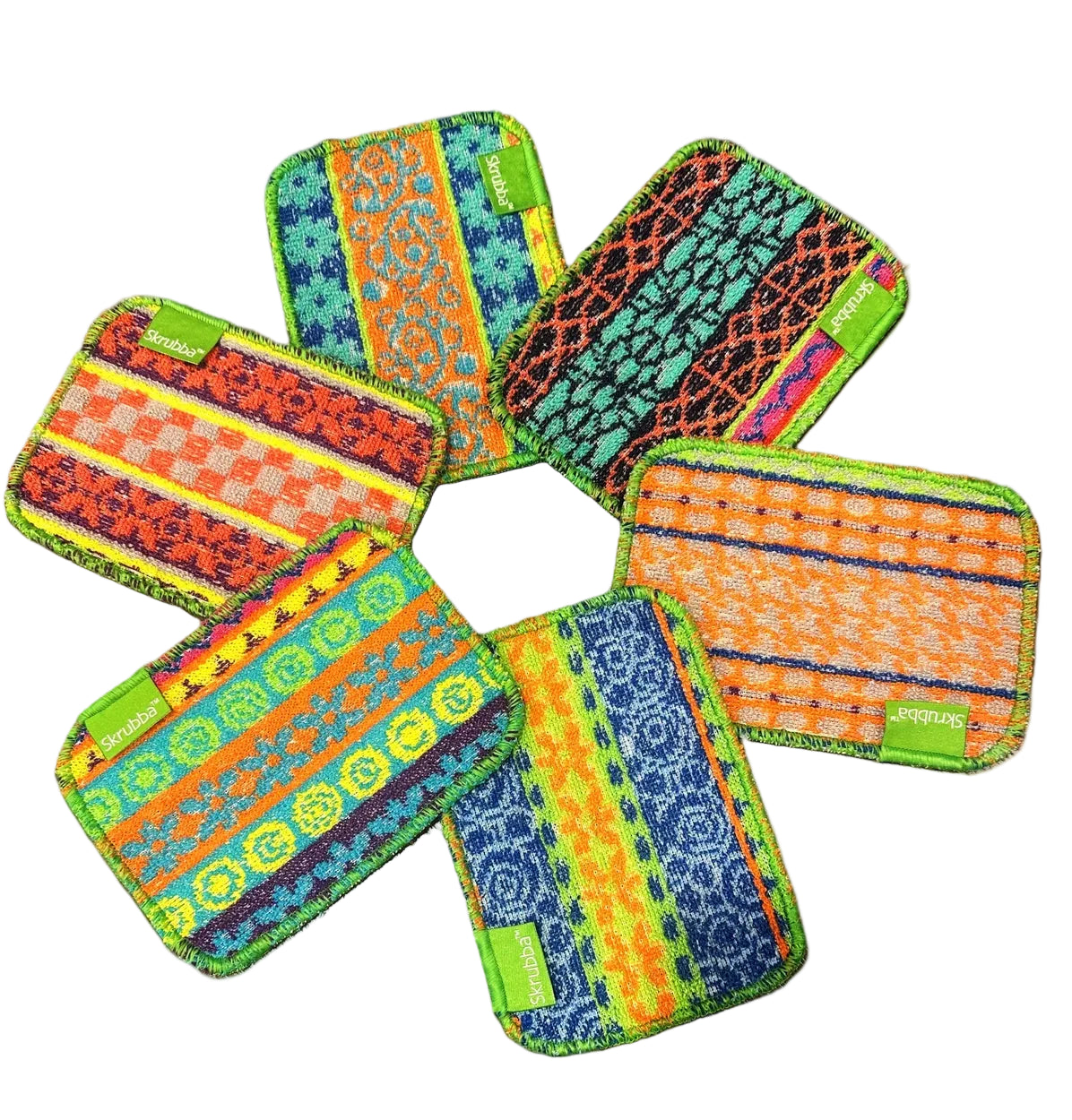 Colorful patterned washcloths arranged in a star shape on a white background