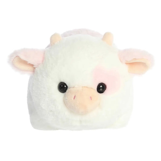 Plush toy resembling a cow with a white face and pink ears on a white background