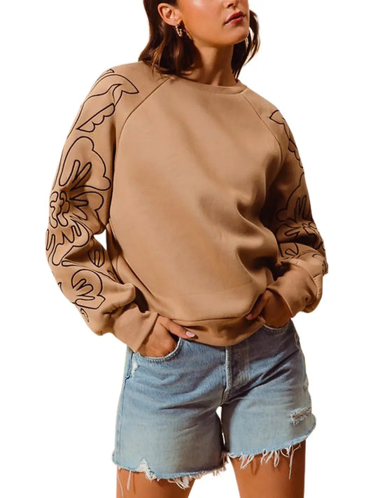 Coffee Floral Embroidered Fleece Sweater