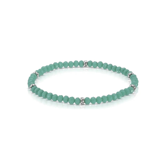 Turquoise color beaded bracelet with silver accents on a white background