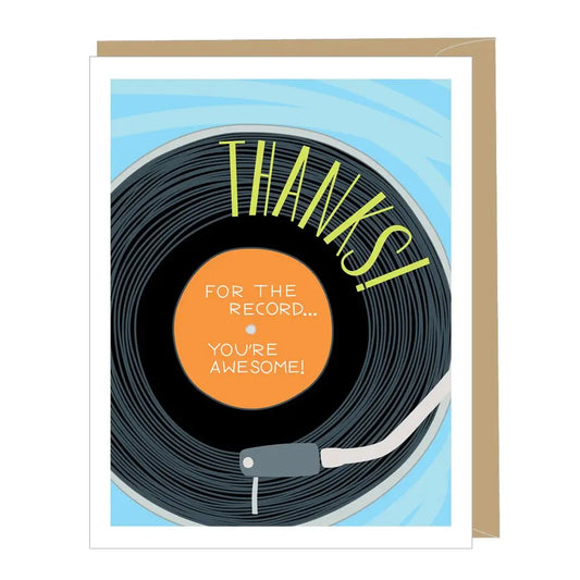 Card with a vinyl record design and text on a blue background