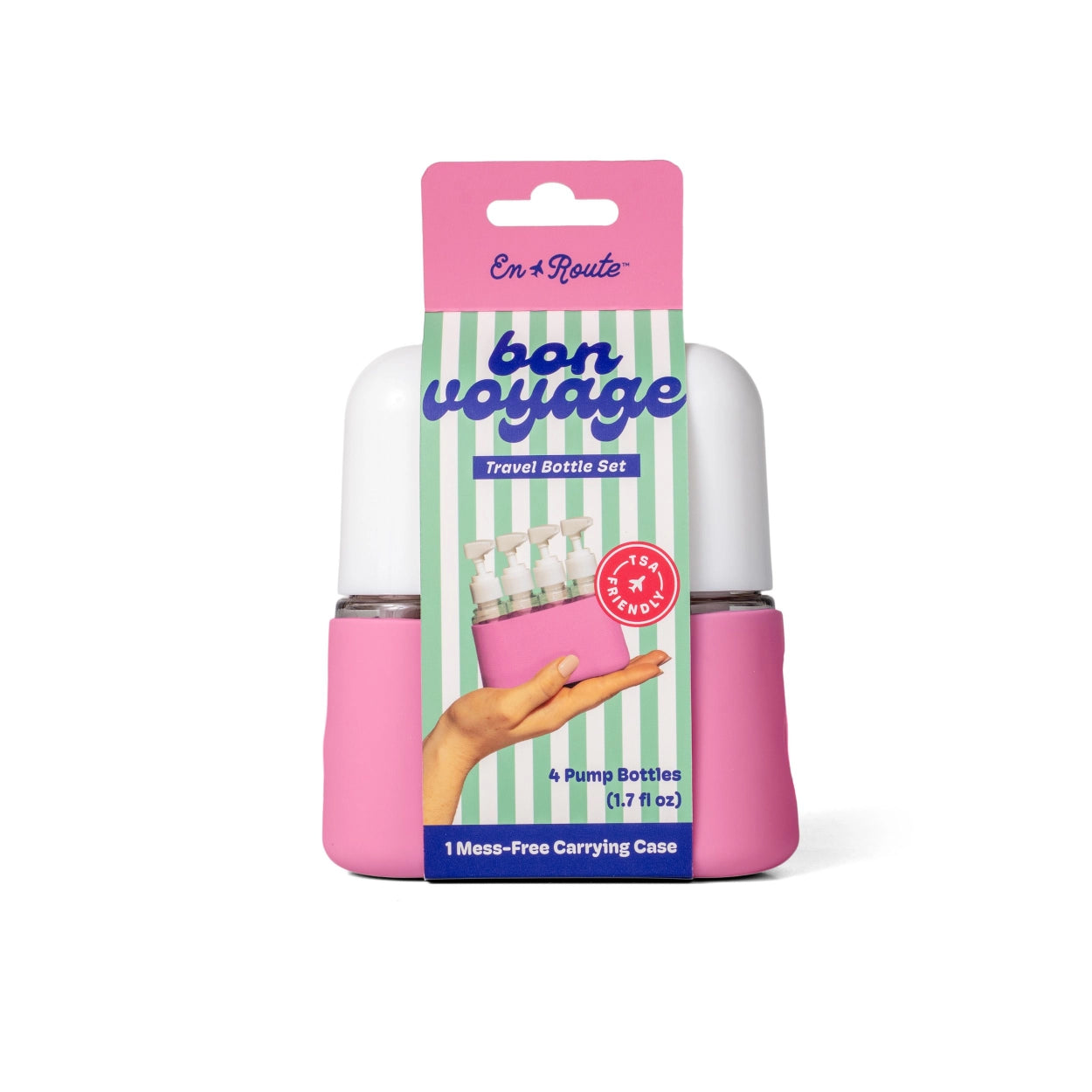 Pink travel bottle set with 'bon voyage' packaging on a white background