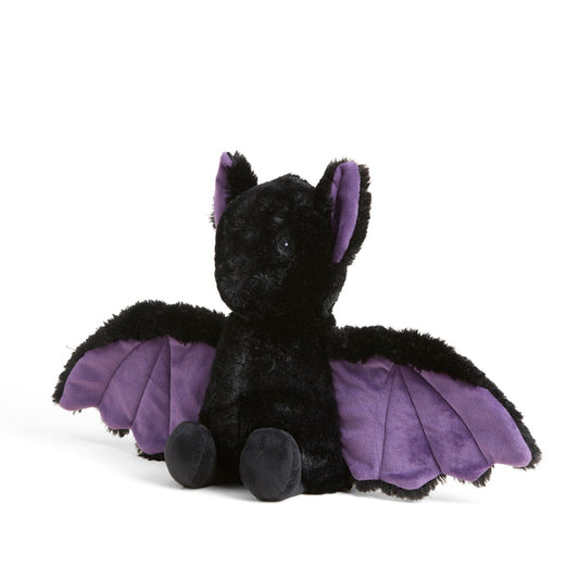 Black plush dragon toy with purple wings on a white background
