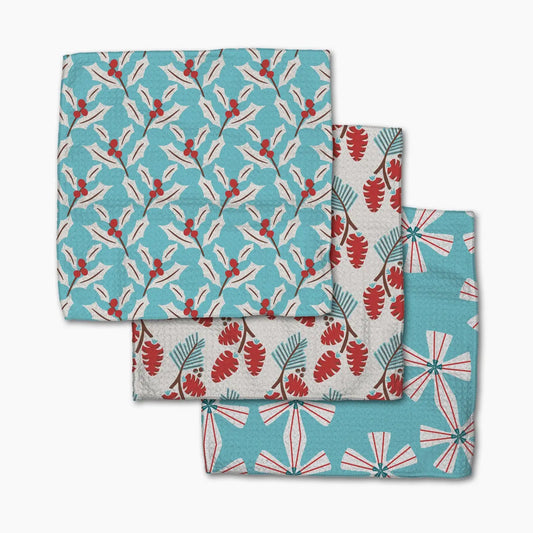 Set of three fabric swatches with leaf patterns on a white background